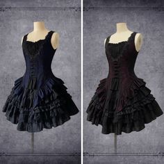 An item that will make you look like a mysterious and elegant young lady. A sleeveless lace-up top richly decorated with lace embroidery and a tiered skirt that catches the eye with its elegant volume. Like an aristocratic lady from medieval Europe. 
 
 

 

 
 
 
 Item 
 
 Tops (Navy) 
 Top (wine red) 
 Tops (Purple) 
 Skirt 
 
 
 Size 
 
 Tops
 
 XS size
 
 Length: 68cm 
 Bust: 84cm 
 Waist: 69cm 
 
 
 S size 
 
 
 Length: 69cm 
 Bust: 88cm 
 Waist: 73cm 
 
 M size 
 
 Length: 70cm 
 Bust: 92c Purple Sleeveless Corset Dress, Lace Dresses With Ruffled Tiered Skirt, Sleeveless Purple Corset Dress For Costume Party, Gothic Summer Corset Dress With Ruffles, Fitted Lace Dress With Ruffled Skirt, Summer Gothic Corset Dress With Ruffles, Elegant Sleeveless Corset Dress With Ruffle Hem, Sleeveless Ruffled Dress For Costume Party, Gothic Sleeveless Corset With Lace Trim