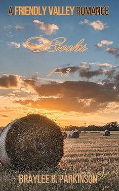 a book cover with hay bales in the foreground and sunset in the background