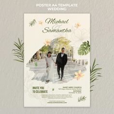 a poster for a wedding with the image of a bride and groom walking down the street