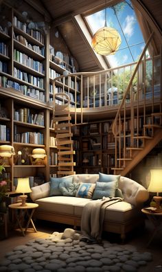 a living room filled with lots of furniture and bookshelves next to a spiral staircase