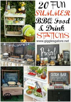 various pictures of outdoor food and drink stations with text overlay that reads 20 fun summer bbq, road & dine stations