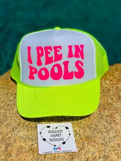 I Pee In Pools  Get ready to soak up the sun in style with our Summer Vibes Trucker Hat! Whether you're hitting the beach, lounging by the pool, or enjoying a backyard BBQ, this hat is the perfect accessory to keep you cool and on-trend all summer long.  Funny Summer Hat. How To Order 1. Select Desired Color Of Hat 2. Select Desired Color OF Wording Please follow us on Instagram or Facebook @rugged_heart_designs for other inspirations. I Pee In Pools Hat, Playful Sun Hat For Summer Vacation, Playful Summer Sun Hat For Vacation, Beachwear Sun Hat For Poolside, Beachwear Sun Hat For Poolside And Beach Season, Playful Summer Vacation Sun Hat, Poolside Beachwear Sun Hat For Beach Season, Playful Sun Hat With Uv Protection For Summer, Summer Hats For Pool And Beach Season