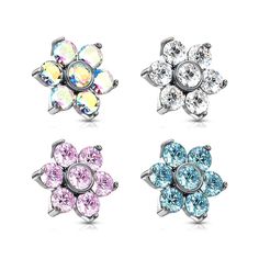 PRICES MAY VARY. STYLE: Set of 4 Prong Set Crystal Flower Internally Threaded Dermal Anchor Tops MATERIAL: 316L stainless steel and cubic zirconia crystals GAUGE/BAR THICKNESS: choose 14GA (1.6mm) or 16GA (1.2mm) TOP SIZE: 6mm INCLUDES: aurora borealis, clear, pink, and aqua Crystal Gauges, Dermal Jewelry, Dermal Anchor, Jewelry Flower, Body Jewelry Piercing, Crystal Flower, Aurora Borealis, Piercing Jewelry, Body Jewelry