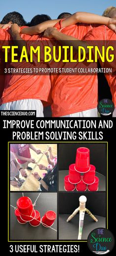 an advertisement for team building with images of people in orange shirts and red buckets