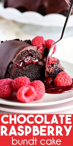 chocolate raspberry bundt cake on a white plate