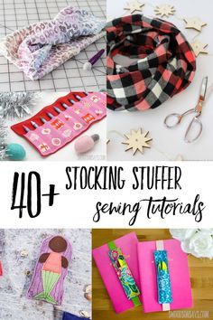 sewing supplies and crafts with text overlay reading 40 + stocking stuffer sewing patterns