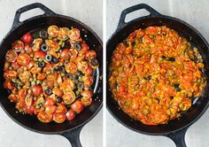 two pans with tomatoes and olives cooking on the same stove top, one has been cooked in an iron skillet