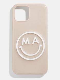 a phone case with the word ma on it and a smiley face drawn in white