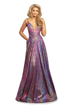 Johnathan Kayne 2094 is a metallic holographic Prom Dress Holographic Wedding, Metallic Prom Dress, Iridescent Prom Dress, Dress Plunging Neckline, Metallic Prom Dresses, Johnathan Kayne, Knit Gown, Pageant Gown, Formal Evening Wear