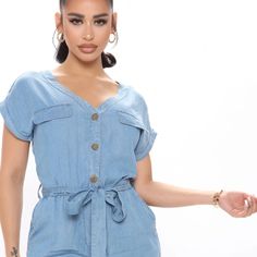 Fun, Cool Comfy Romper In Blue Shade Romper Short Sleeve V-Neckline Button Front Faux Pockets Tie Waist Elastic Waistband 100% Tencel Size S Nwt Trendy Denim V-neck Jumpsuits And Rompers, Spring V-neck Jumpsuits And Rompers With Buttons, Trendy V-neck Denim Jumpsuit For Spring, Chic V-neck Jumpsuits And Rompers With Button Closure, Summer Denim V-neck Jumpsuit With Pockets, Summer V-neck Denim Jumpsuit With Pockets, Trendy V-neck Denim Jumpsuit For Summer, Trendy V-neck Jumpsuits And Rompers With Pockets, Chic Blue V-neck Denim Jumpsuit