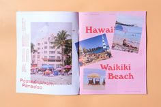 an open book with pictures of hotels and people on the beach