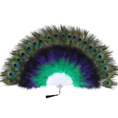 a peacock feather fan with blue and green feathers on it's back, against a white background