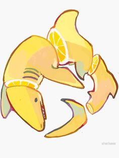 a drawing of two fish with slices of lemons on their backs and one being sliced in half