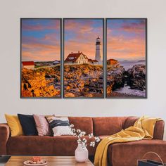 three paintings on the wall of a living room with a couch and coffee table in front of it