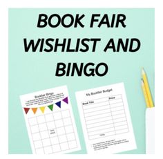 the book fair wishlist and bingo game is next to a pencil, ruler, and paper