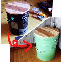 two pictures one with a bucket and the other with a wooden top