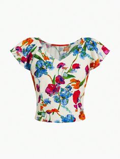 Multicolor  Collar Cap Sleeve Woven Fabric   Embellished Non-Stretch  Women Clothing Casual Summer V-neck Top With Floral Print, Casual Floral Print Short Sleeve V-neck Top, Casual Short Sleeve V-neck Top With Floral Print, Multicolor Floral Print V-neck Top, Stretch Floral Print V-neck Top, Stretch V-neck Multicolor Blouse, Stretch Multicolor V-neck Blouse, Multicolor Stretch V-neck Blouse, Stretch V-neck Vacation Tops