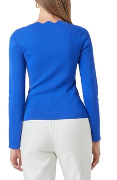 A lightweight staple sweater gets so much sweeter with a squared neckline edged in scalloped shaping. 70% rayon, 30% polyester Hand wash, dry flat Imported Elegant Fine Knit Blue Sweater, Elegant Blue Fine Knit Sweater, Fitted Square Neck Sweater, Blue Workwear Top With Ribbed Neckline, Blue Stretch Fine Knit Top, Blue Fitted Elegant Sweater, Blue Fitted Textured Knit Sweater, Fitted Elegant Blue Sweater, Elegant Fitted Blue Sweater