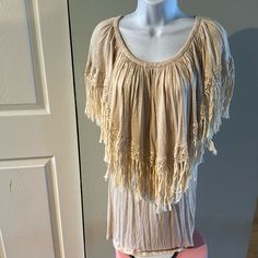 Elan Usa Off Shoulder Fringe Boho Dress Size Large Color Beige 100% Rayon New With Tag Bohemian Tunic Dress In Viscose, Beige Bohemian Cotton Mini Dress, Bohemian Mini Dress With Lace Trim For Beach Cover-up, Bohemian Mini Dress With Lace Trim For Beach, Casual Fringed Beach Cover-up Dress, Short Sleeve Dress With Lace Trim For Beach, Casual Fringe Beach Cover-up Dress, Casual Fringe Dresses For Beach Cover-up, Beige Cotton Dress For Beach