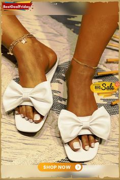 Bowknot Decor Square Toe Flat Sandals P3495264491 Beach Sandals With Bow And Round Toe, Flat Party Sandals With Bow, Chic White Sandals With Bow, Synthetic Sandals With Bow And Round Toe, Trendy Synthetic Sandals With Bow, Closed Toe Sandals With Bow For Summer, Round Toe Sandals With Bow In Synthetic Material, Summer Bow Sandals For Beach, Bow Sandals With Round Toe For Vacation