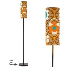 two lamps with different designs on them, one is orange and the other is brown