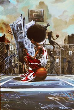 a painting of a person sitting on top of a basketball court with newspaper in hand