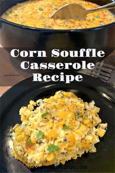 corn soup with casserole in a black bowl and a spoon on the side