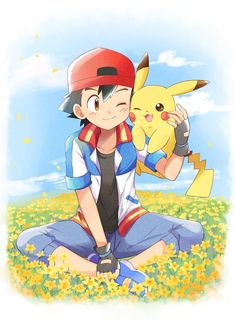 a person sitting in the grass with a pokemon pikachu