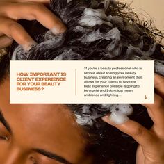 a woman with curly hair is holding up a business card to her head that says, how important is client experience for your beauty business?