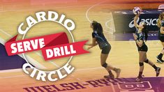 two girls are playing volleyball on a court with the words cardio serve drill in front of them