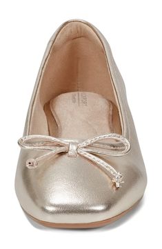 A dainty top bow details this square-toe day-to-night flat crafted with signature truTECH® construction for lightweight shock absorption, step after step. Synthetic upper/textile lining/synthetic sole Imported Spring Ballet Flats With Bow And Square Toe, Chic Medium Width Slip-on Ballet Flats, Gold Leather Ballet Flats, Elegant Gold Leather Ballet Flats, Gold Cushioned Slip-on Flats, Chic Gold Slip-on Ballet Flats, Womens Ballet Flats, Ballet Flat, Nordstrom Store