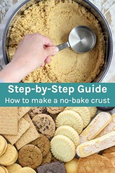 a person scooping crackers into a pan filled with cookies and other treats to make a no bake treat