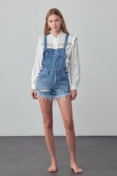 HIGH RISE SHORTALL100% COTTON(SIZE S)WAIST 29"HIP 39"INSEAM 2 3/4"FRONT RISE 11 1/2"LEG OPENING 23"*Model wears size S*MODELHEIGHT 5'9"WAIST 24"HIPS 35"BUST 34"SIZE S-M-LPACK 3-3-2 Style: Casual Print / Pattern: Medium Wash Denim Silhouette: Overall shorts Fit: Regular Embellishment: Tie Bib Neck Line: N/A Sleeve: Sleeveless Length: Short Closure: Side Button Closure Lining: No Made In: CHINAFabric Contents: 100% COTTON Non-stretch fabric Non-sheer fabric Care Instructions: Machine Wash Cold Siz Overall Romper, Farm Clothes, Shorts Fit, Get Ready For Summer, Denim Romper, Summer Adventures, Short Rompers, Neck Line, Sheer Fabrics