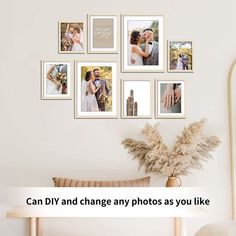 a white room with pictures on the wall and a bench in front of it that says can diy and change any photos as you like