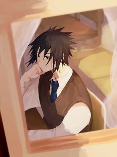 an anime character with black hair wearing a brown shirt and tie sitting in front of a window