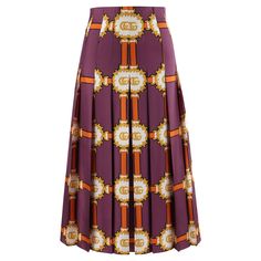 GUCCI c.2019 Purple Gold Marmont GG Doubloon Bridle Harness Silk Pleated Skirt Brand / Manufacturer: Gucci Circa: 2019 Designer: Alessandro Michele Style: Pleated maxi skirt Color(s): Shades of purple, gold, orange, white Lined: No Marked Fabric Content: "100% Silk” Additional Details / Inclusions: Gucci c.2019 Purple multicolored equine motif pleated skirt. Maxi skirt with fitted non-banded high waistline; grosgrain trim interior lining at waistline. Pleated skirt with wide side pleating, stitc Alessandro Michele Style, Solid Purple Backgrounds, Silk Pleated Skirt, Horse Harness, Twill Skirt, Gucci Marmont, Pleated Maxi Skirt, Alessandro Michele, Shades Of White