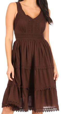 Sakkas Womens Presta Roman Sleeveless Lined Tank Top Dress With Embroidery Lace Design#color_Brown Embroidery Lace Design, Evening Scarf, Embroidered Caftan, Summer Wedding Dress Beach, Beautiful White Dresses, Under The Skirt, Dress With Embroidery, Cotton Dress Summer, Tank Top Dress