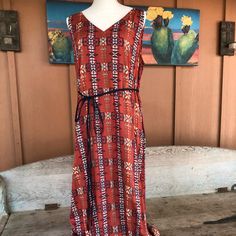 Gorgeous Pendleton Rust & Navy Native Design Maxi (Full-Length) Dress With Matching Navy Fabric Belt (Concho Belt In Pic Not Included) Size Medium. Side Slit Pockets On Both Sides Just Below Waist. 100% Rayon Perfect For Hot Weather Now & On Into Fall With A Jean Jacket!! Armpit To Armpit =21” Length =57” Waist=21.5” Hips=24.5” Hem Across =29” Pendleton Dress, Sleeveless Linen Dress, Turquoise Pattern, Kaftan Maxi Dress, Native Design, Concho Belt, Midi Shift Dress, Short Sleeve Maxi Dresses, Navy Fabric