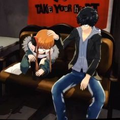 two anime characters sitting on a couch in front of a red sign that says take your heart