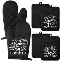 PRICES MAY VARY. Funny Print Design: You will get 4 pot holders (7 in * 9 in) and 2 oven mitts (6.3 in * 10.2 in). The oven mitts and pot holders are printed with the text "Happiness is Homemade". Its style is simple and classic, It is a good addition for decorating the kitchen. Oven Mitts: The oven mitt is made of thickened all-polyester twill, anti-wrinkle, not easily deformed and feels soft and comfortable to wear. It has good heat resistance to prevent your hands from being burned. Pocket Po Safe Kitchen, Oven Mitts And Pot Holders, Happiness Is Homemade, Kitchen Oven, Funny Prints, Cooking On The Grill, Oven Glove, Kitchen Baking, Linen Textile