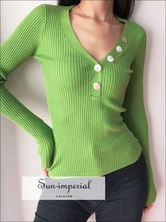 Sun-imperial Green V Neck Ribbed Jumper with Button detail Deep V Neck Rib Knit top High Street Fashion Casual Top With Ribbed Collar, Affordable Casual Top With Ribbed Collar, Snap Button Jersey Top Uk, Luxury Casual Top With Ribbed Collar, Luxury Everyday Top With Ribbed Collar, Luxury Ribbed Collar Tops For Summer, Luxury Casual T-shirt With Ribbed Collar, Luxury Tops With Ribbed Collar For Everyday, Luxury V-neck Sweater With Ribbed Collar For Fall