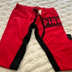 Brand New With Tags, Pink Pants Size Small Sporty Red Loungewear Bottoms, Red Athleisure Loungewear Bottoms, Red Athleisure Bottoms For Loungewear, Red Athleisure Bottoms With Elastic Waistband, Red Sporty Pants For Loungewear, Red Athleisure Bottoms With Pockets, Red Stretch Sweatpants With Pockets, Red Sporty Trousers, Red Cotton Sports Pants