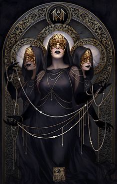 an illustration of three women in black with gold headdresses on their heads