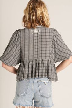 Embrace your inner dreamer in our Such a Dreamer Peplum Top. This plaid top features playful puff sleeves and intricate embroidery, adding a whimsical touch to your look. Perfect for those who love to dream big (and look good while doing it). 100% Rayon true to size (d cup or larger go up 1 sz) Fitted Peplum Smocked Top, V-neck Ruffled Peplum Top For Day Out, Peplum Maternity Top, Summer V-neck Peplum Top With Ruffle Hem, Chic V-neck Peplum Top With Ruffle Hem, Curvy Dress, Plaid Tops, Embroidery Details, Sales Gifts