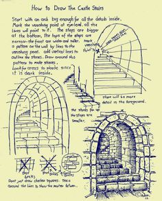 a drawing of steps and arches with instructions on how to draw the castle stairs