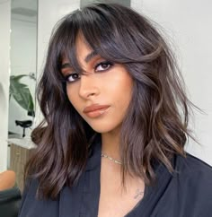 Shattered Chocolate Brown Lob with Curtain Bangs Brunette Fall Hair 2023 Bangs, Brunette Fall Hair 2023 Short, Brunette Bangs Shoulder Length, Brunette Balayage Hair With Bangs, 2024 Hair Cuts, Brunette Fall Hair 2023