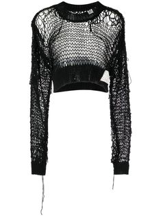 black cotton rope design open knit appliqué logo crew neck drop shoulder extra-long sleeves ribbed cuffs and hem cropped Short Pullover, Maison Mihara Yasuhiro, Maison Mihara, Cropped Pullover, Extra Long Sleeves, Knitwear Cardigan, Knit Crop, Knit Shorts, Dark Fashion