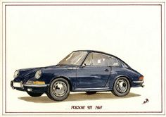 a drawing of a blue car with the word porsche on it's front tire