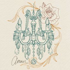 a drawing of a chandelier with two roses on it and the word mom written in cursive writing