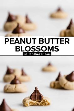 peanut butter blossoms with chocolate on top and the words, peanut butter blossoms above it